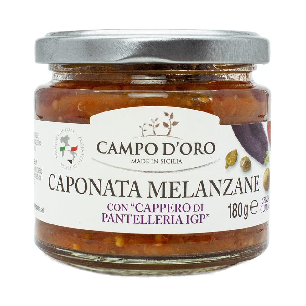 Jar of Campo D’Oro eggplant caponata with Pantelleria capers 180g authentic Sicilian appetizer made in Italy