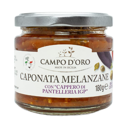 Jar of Campo D’Oro eggplant caponata with Pantelleria capers 180g authentic Sicilian appetizer made in Italy