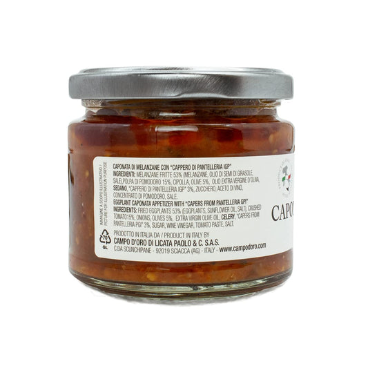 Jar of Campo D’Oro eggplant caponata with Pantelleria capers 180g authentic Sicilian appetizer made in Italy