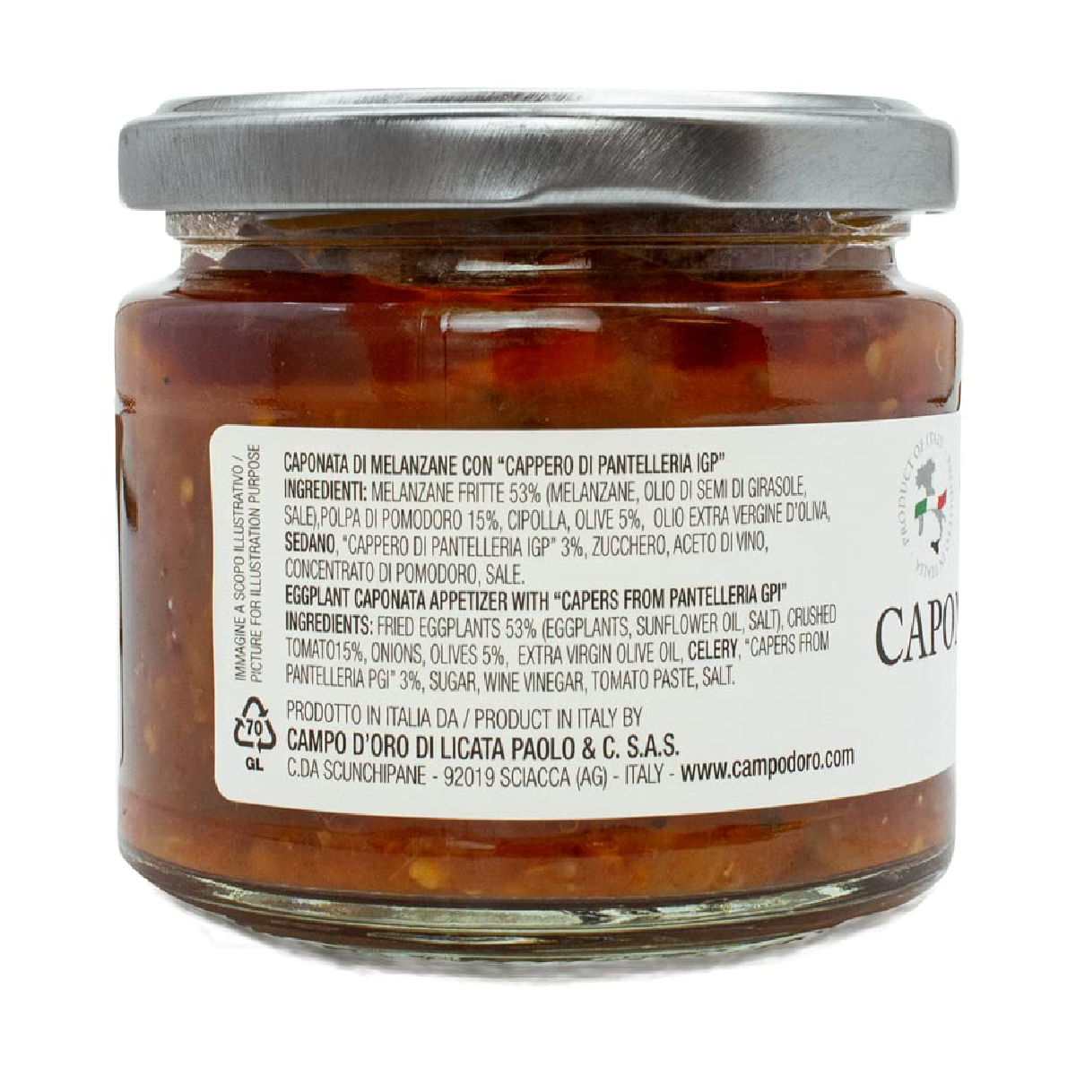 Jar of Campo D’Oro eggplant caponata with Pantelleria capers 180g authentic Sicilian appetizer made in Italy
