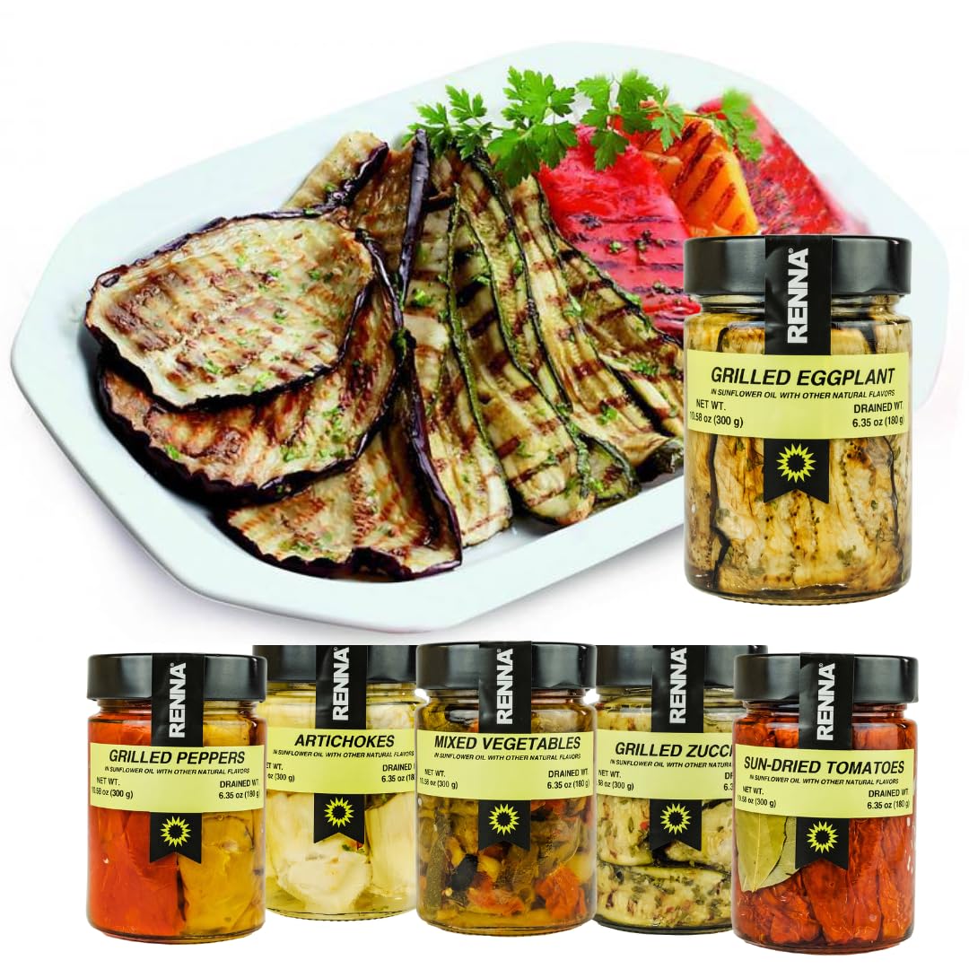 Jars of Rena brand vegetables with a plate of grilled vegetables on a white background
