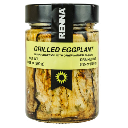 Jar of Renna grilled eggplant in sunflower oil on a white background