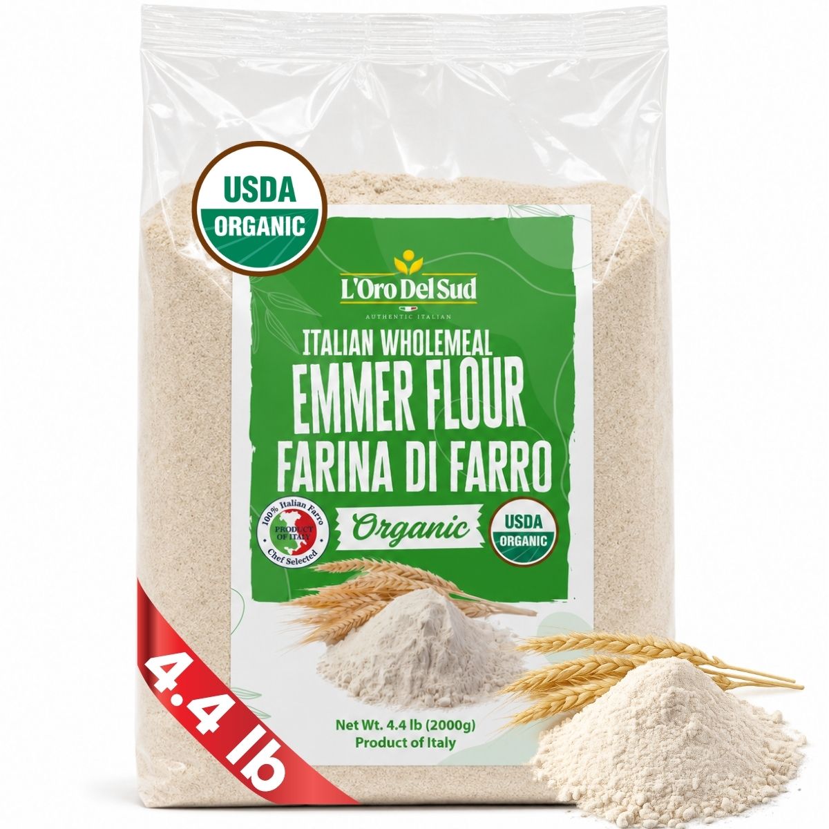 Bag of L'Oro Del Sud Italian Wholemeal Emmer Flour with USDA Organic label on a white background