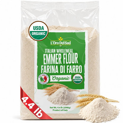 Bag of L'Oro Del Sud Italian Wholemeal Emmer Flour with USDA Organic label on a white background