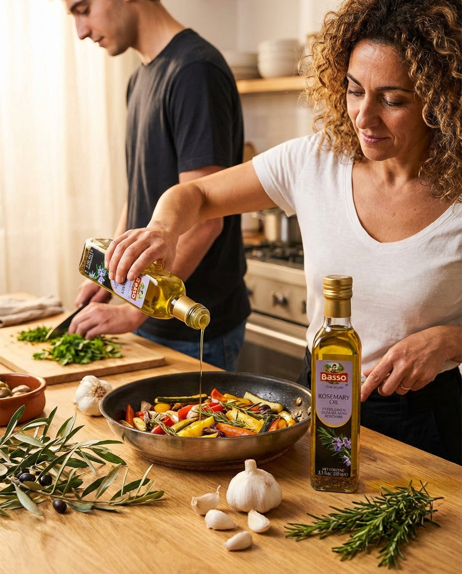 Woman pouring olive oil into a pan with vegetables on a wooden kitchen counter.