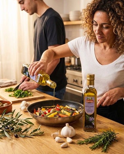 Woman pouring olive oil into a pan with vegetables on a wooden kitchen counter.