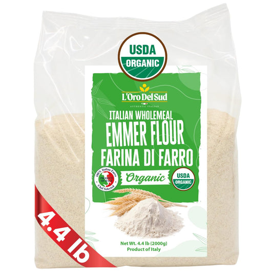 Bag of L'Oro Del Sud Italian Wholemeal Emmer Flour with USDA Organic label on a white background
