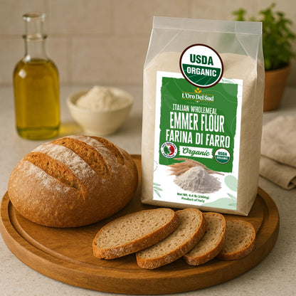 Bag of Italian wholemeal emmer flour with bread and slices on a wooden board, USDA Organic label visible.