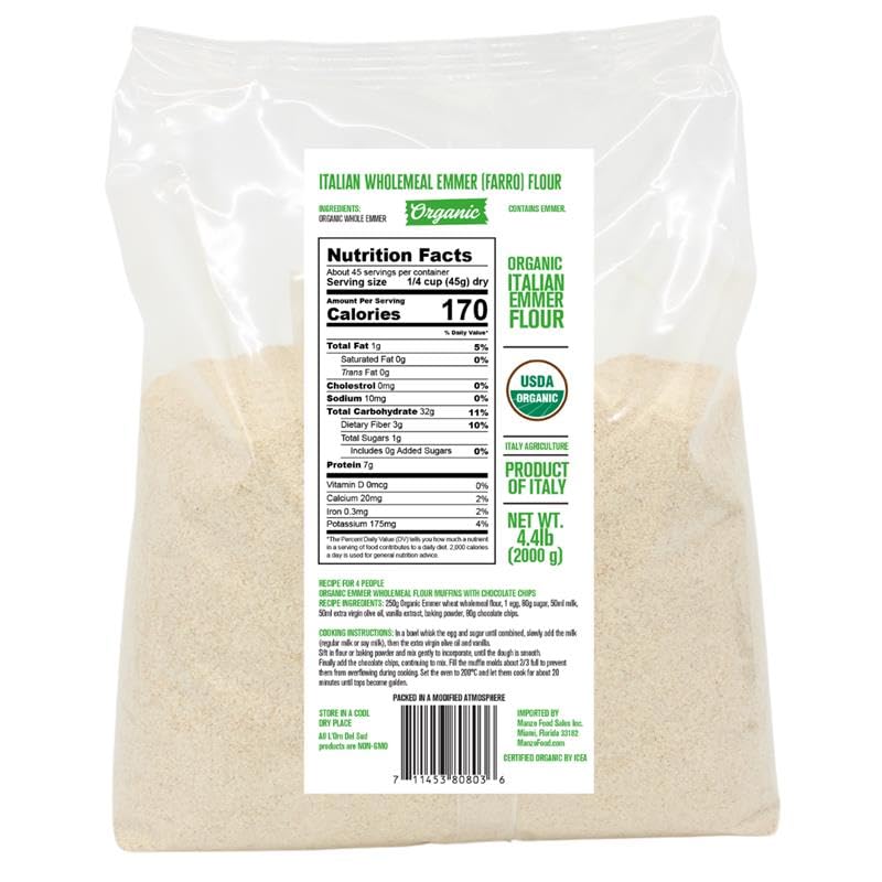 Bag of organic Italian wholemeal emmer flour with nutrition label on a white background