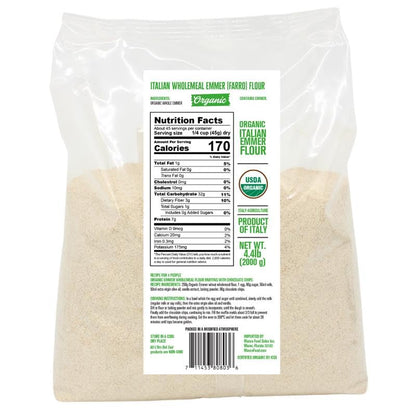 Bag of organic Italian wholemeal emmer flour with nutrition label on a white background