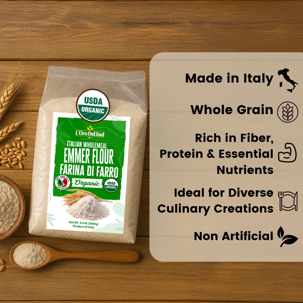 Package of Italian whole grain emmer flour with USDA Organic label on a wooden surface.