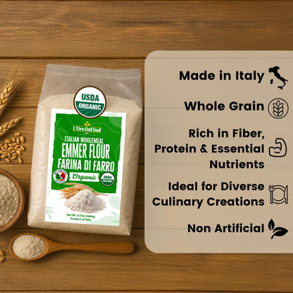 Package of Italian whole grain emmer flour with USDA Organic label on a wooden surface.