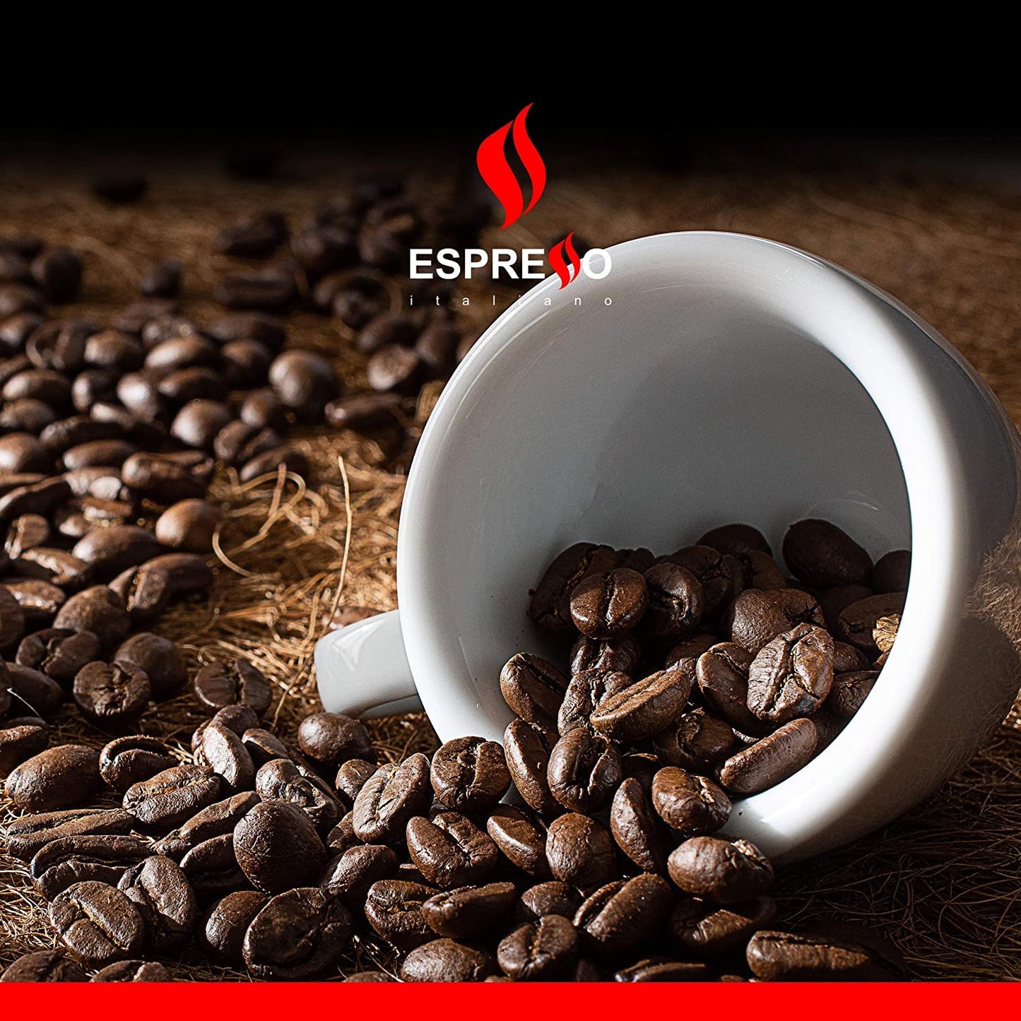 White espresso cup tipped over with roasted coffee beans spilling out, featuring the Espresso Italiano logo above and a rustic background.