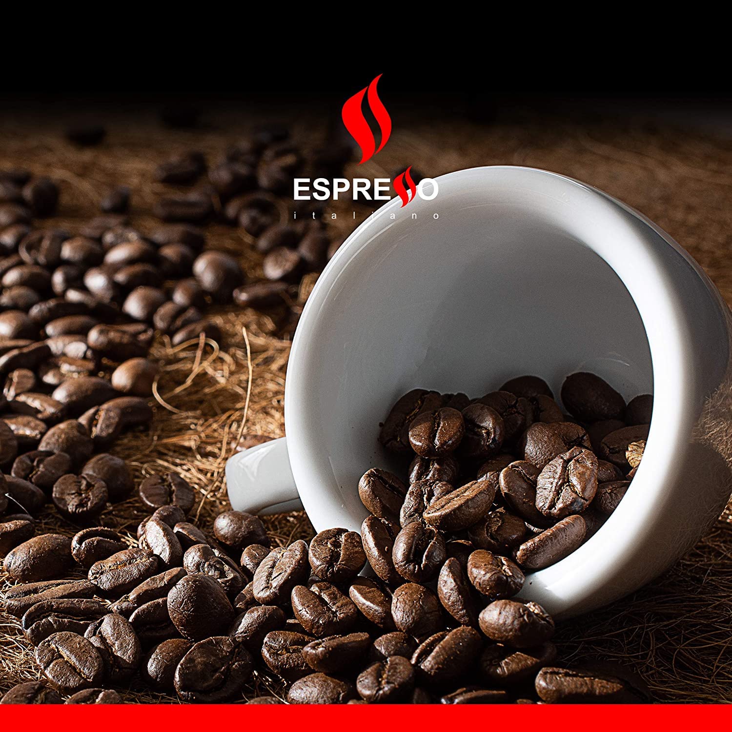 White espresso cup tipped over with roasted coffee beans spilling out, featuring the Espresso Italiano logo above and a rustic background.