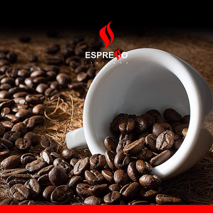 White espresso cup tipped over with roasted coffee beans spilling out, featuring the Espresso Italiano logo above and a rustic background.