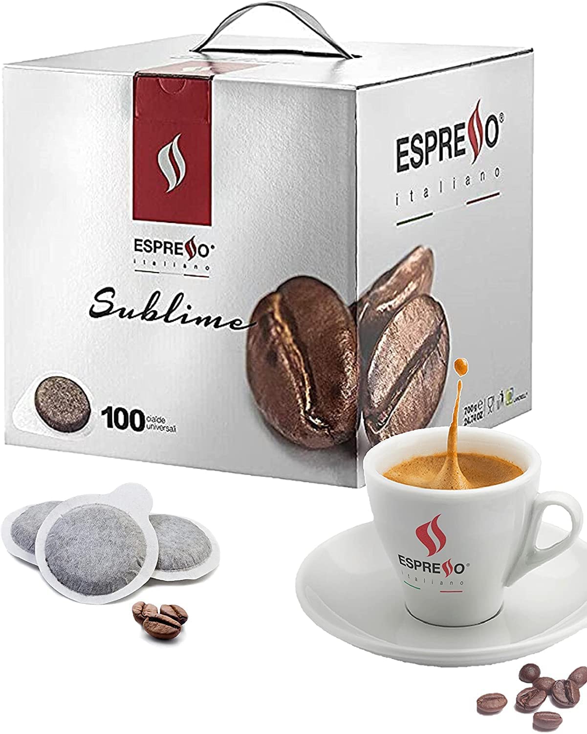 Box of Espresso Italiano Sublime E.S.E. coffee pods (100 count) with large coffee bean design and a cup of freshly poured espresso on a saucer in the foreground. The image also shows individual compostable pods and coffee beans, highlighting the product’s Italian origin and compatibility with most espresso machines.