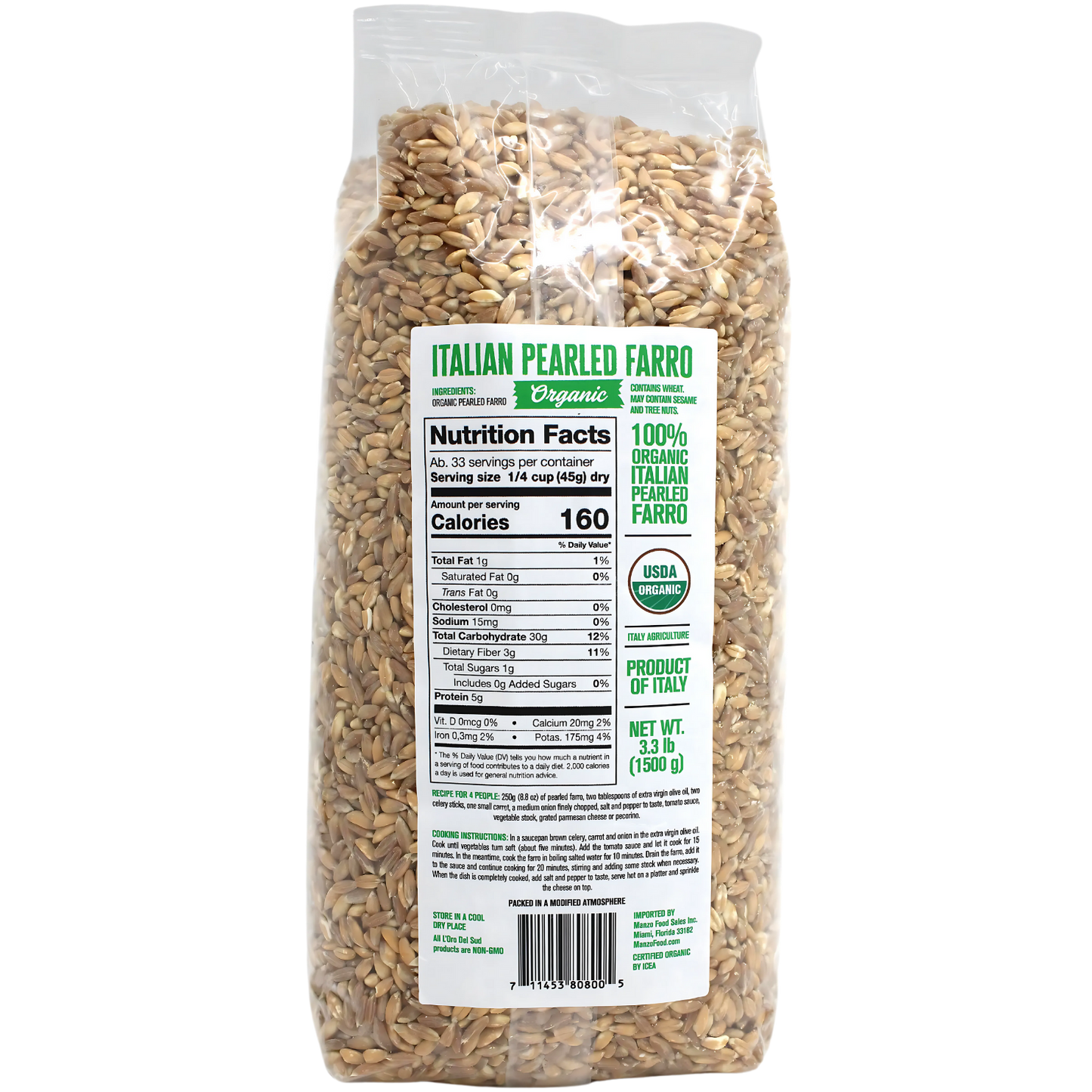 L'Oro Del Sud, Organic Italian Pearled Farro - 3.2 lb (1500g)