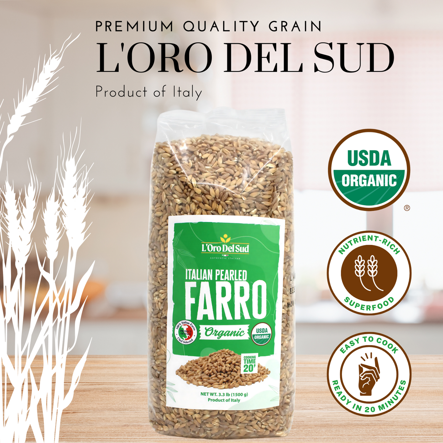 L'Oro Del Sud, Organic Italian Pearled Farro - 3.2 lb (1500g)