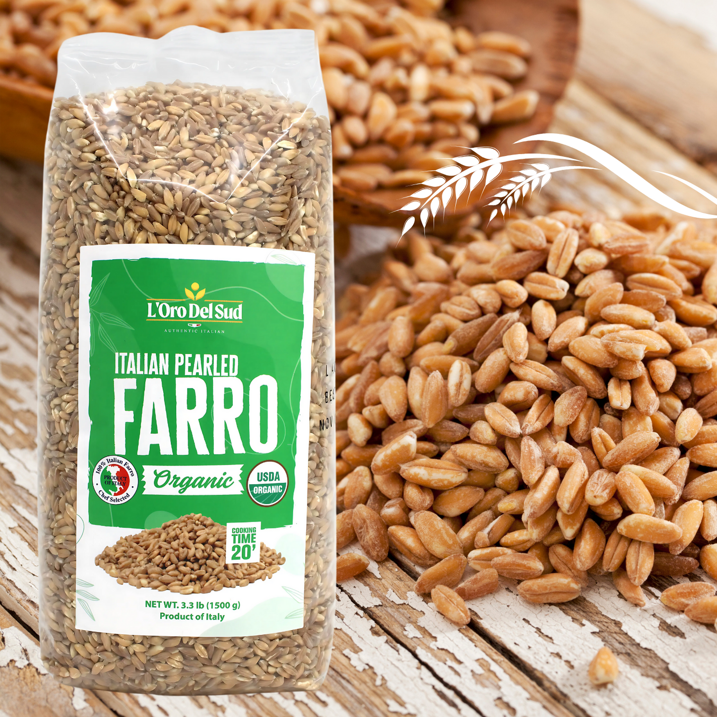L'Oro Del Sud, Organic Italian Pearled Farro - 3.2 lb (1500g)