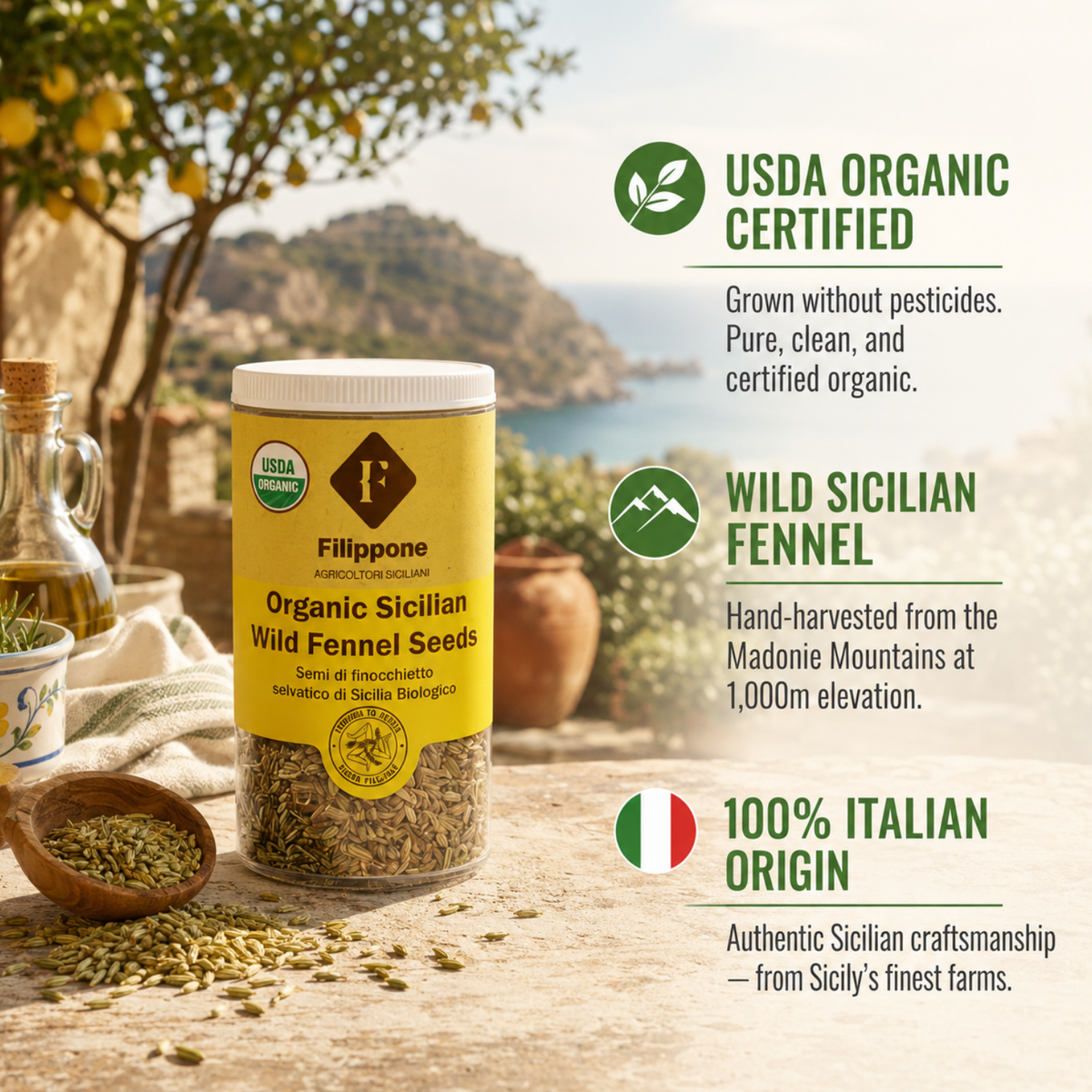 Filippone, Organic Sicilian Fennel Seed, Italian Wild Fennel Seeds, 1.06oz