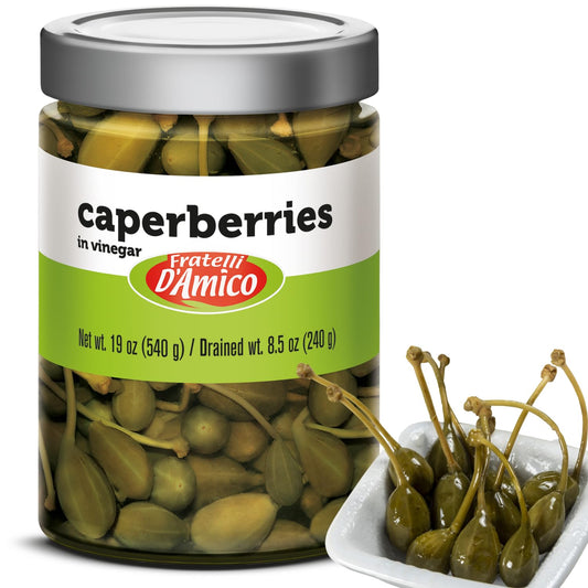 Jar of Fratelli D'Amico caperberries in vinegar, 19 oz (540 g), Italian pickled caperberries with firm texture, tangy flavor, and authentic Mediterranean quality, displayed with some caperberries served in a small dish.