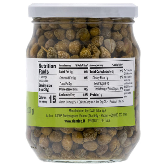 Jar of Fratelli D'Amico capers in vinegar n.9, 19.8 oz (560 g) – Italian capers preserved in vinegar, product of Italy.