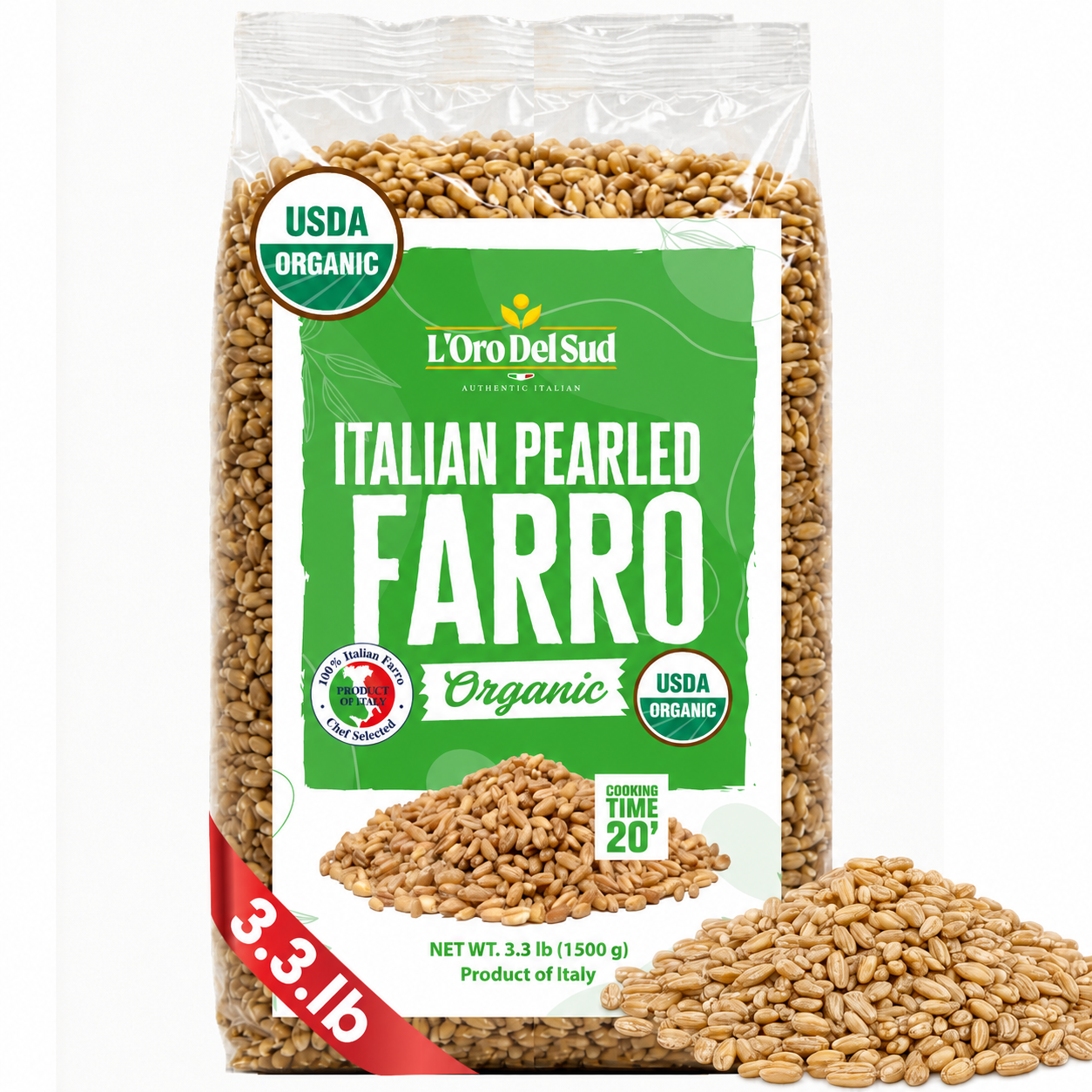 L’Oro Del Sud Organic Italian Pearled Farro 3.3 lb – USDA Organic whole grain, authentic Italian product, nutritious and perfect for Mediterranean recipes.