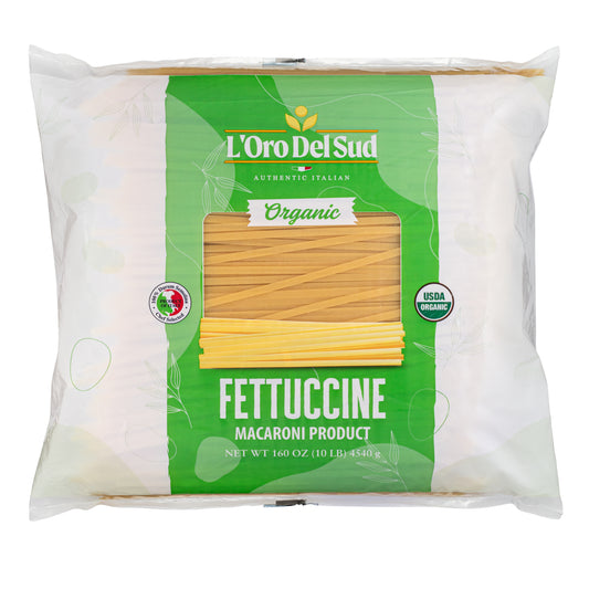 Packaged fettuccine pasta in a white bag with green labeling, indicating it is organic and from L'Oro Del Sud.