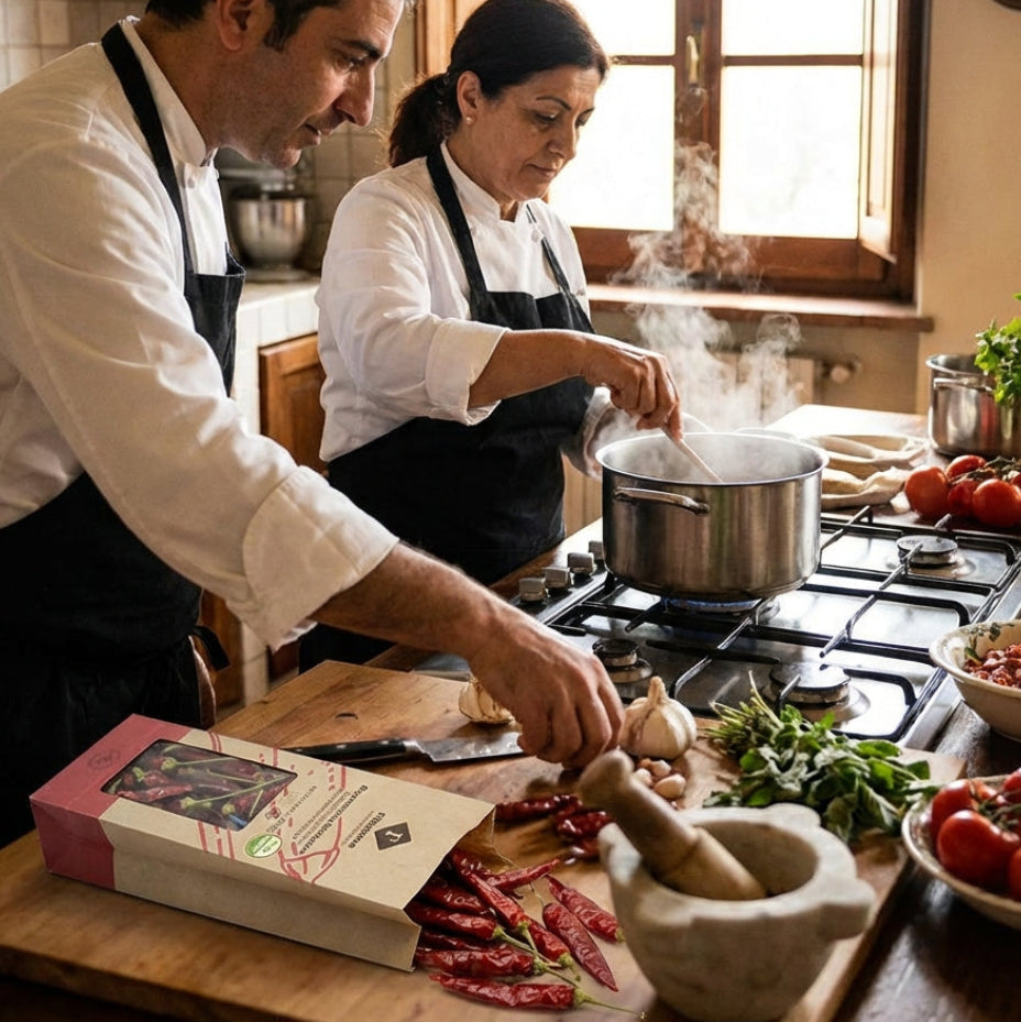 Two chefs preparing food in a kitchen with ingredients and cookware visible.