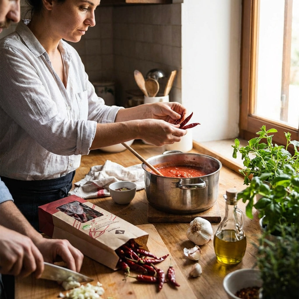 Woman cooking in a kitchen with ingredients and a pot on the stove.