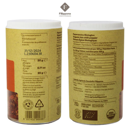 Two organic hot pepper containers with labels and branding on a white background