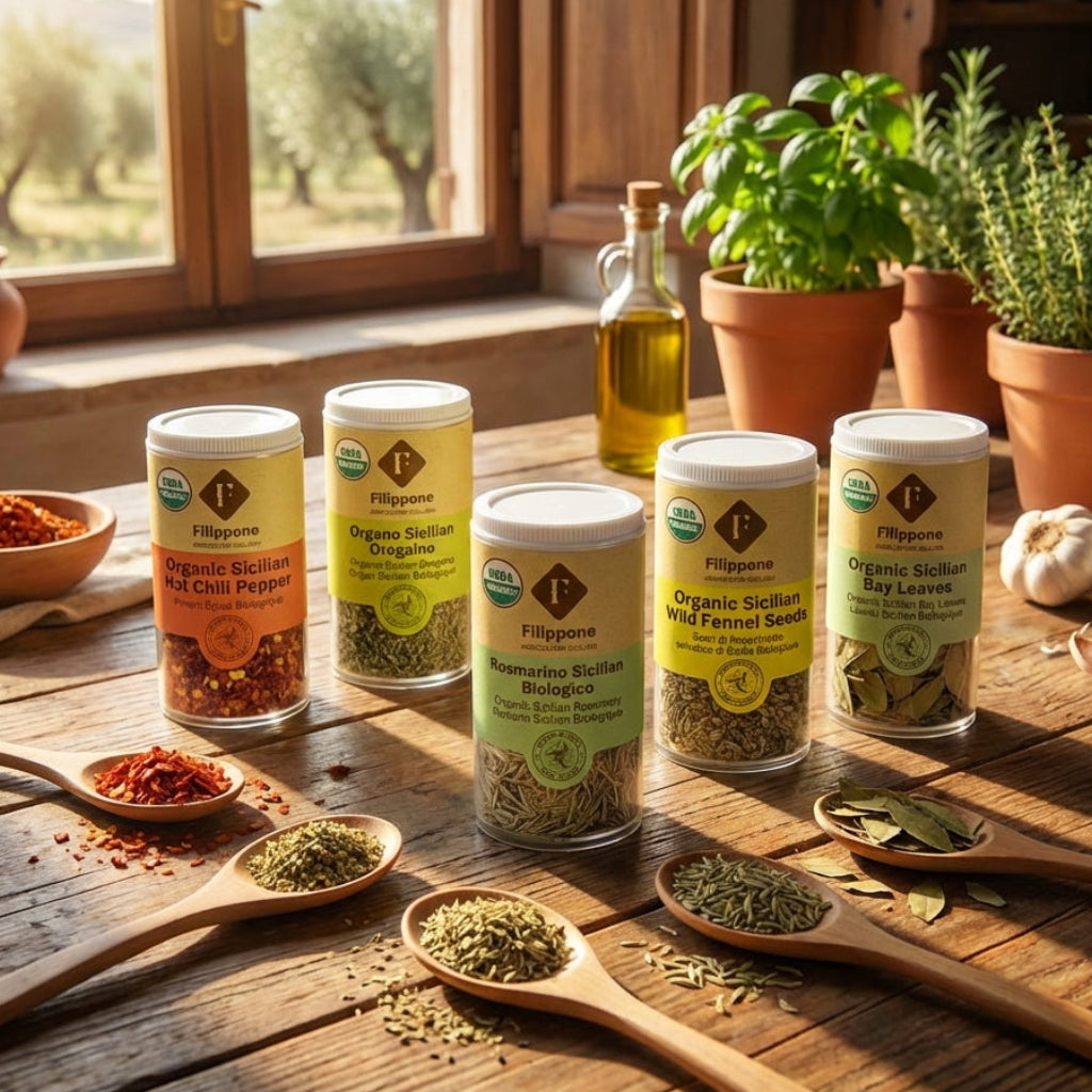Collection of Filippone Organic Sicilian herbs and spices on a wooden table with plants in the background.