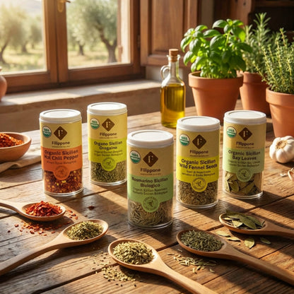 Collection of Filippone Organic Sicilian herbs and spices on a wooden table with plants in the background.