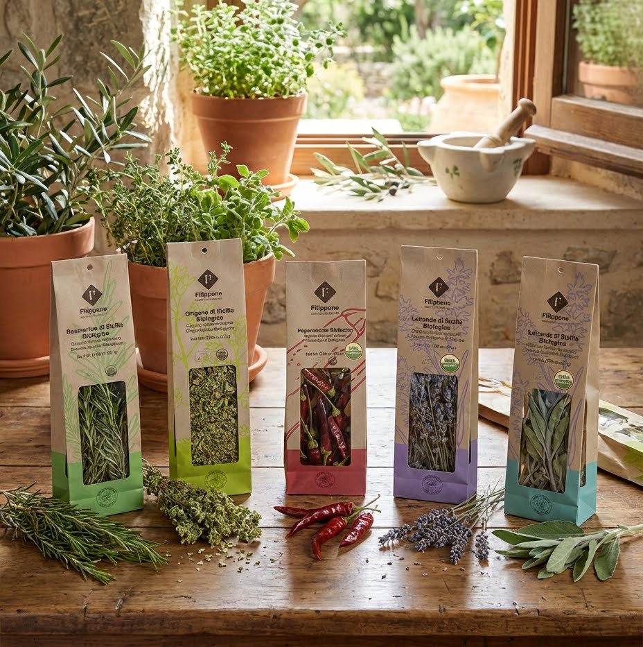 Herb packaging on a wooden table with plants in the background