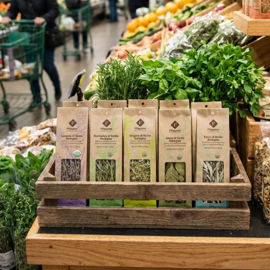 Supermarket interior with fresh produce and packaged goods on display.