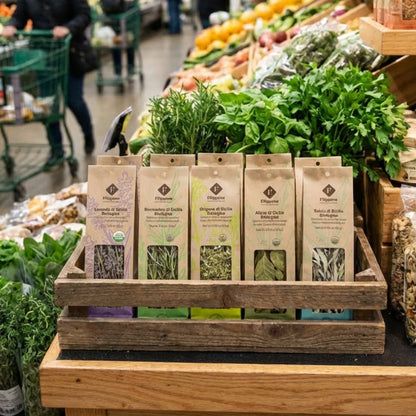 Supermarket interior with fresh produce and packaged goods on display.