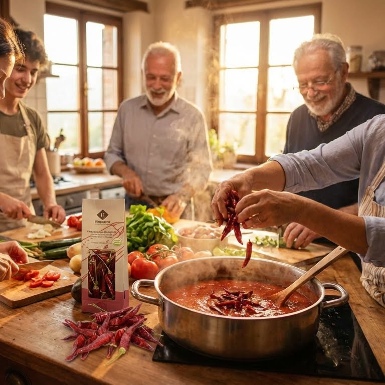 Family cooking together in a kitchen with a pot of red sauce on the stove.