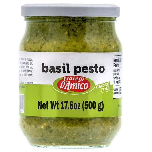 Jar of Fratelli D’Amico Basil Pesto Genovese, authentic Italian pesto made with basil and cheese, 17.6 oz family size jar.
