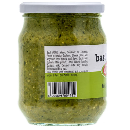 Back label of Fratelli D’Amico Basil Pesto Genovese 17.6 oz jar showing ingredients list and product details.