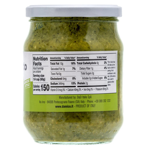 Back label of Fratelli D’Amico Basil Pesto Genovese 17.6 oz jar showing nutrition facts and product details