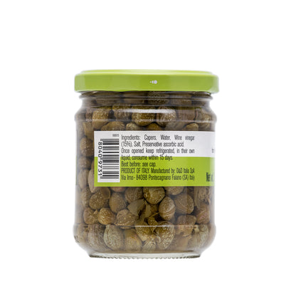 Back label of Fratelli D’Amico Capers in Vinegar jar, showing ingredients (capers, water, wine vinegar, salt, ascorbic acid), storage instructions, and product of Italy information.
