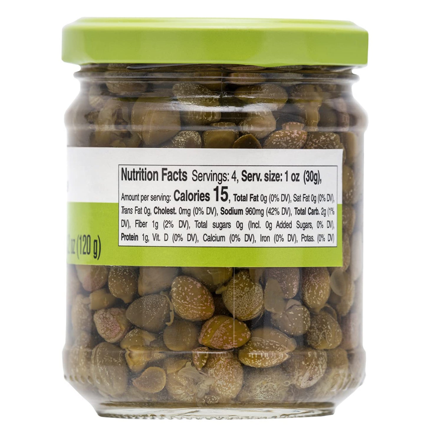 Close-up of Fratelli D’Amico Italian capers jar showing nutrition facts label and capers in brine.