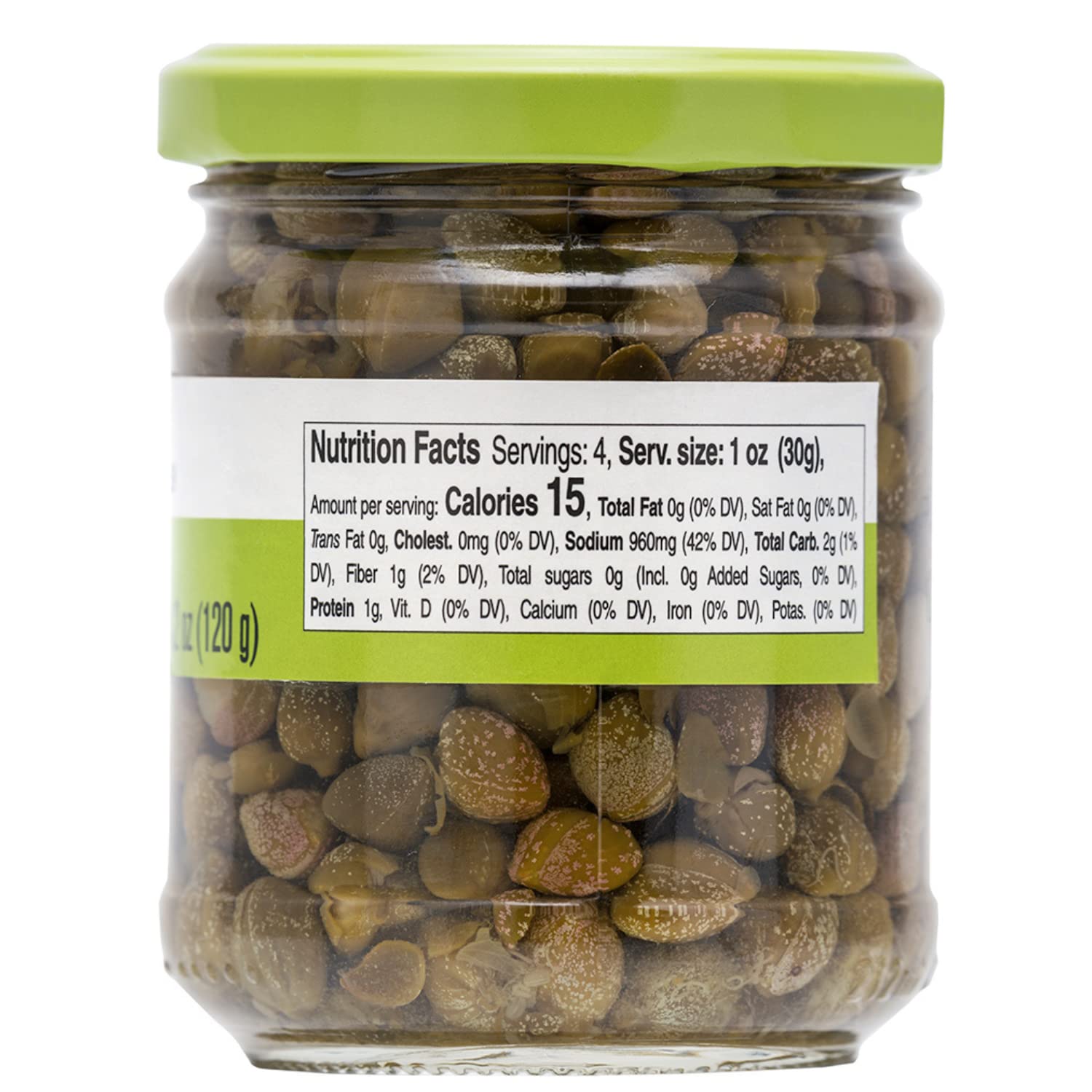 Close-up of Fratelli D’Amico Italian capers jar showing nutrition facts label and capers in brine.