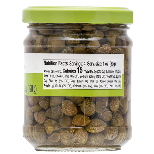 Close-up of Fratelli D’Amico Italian capers jar showing nutrition facts label and capers in brine.