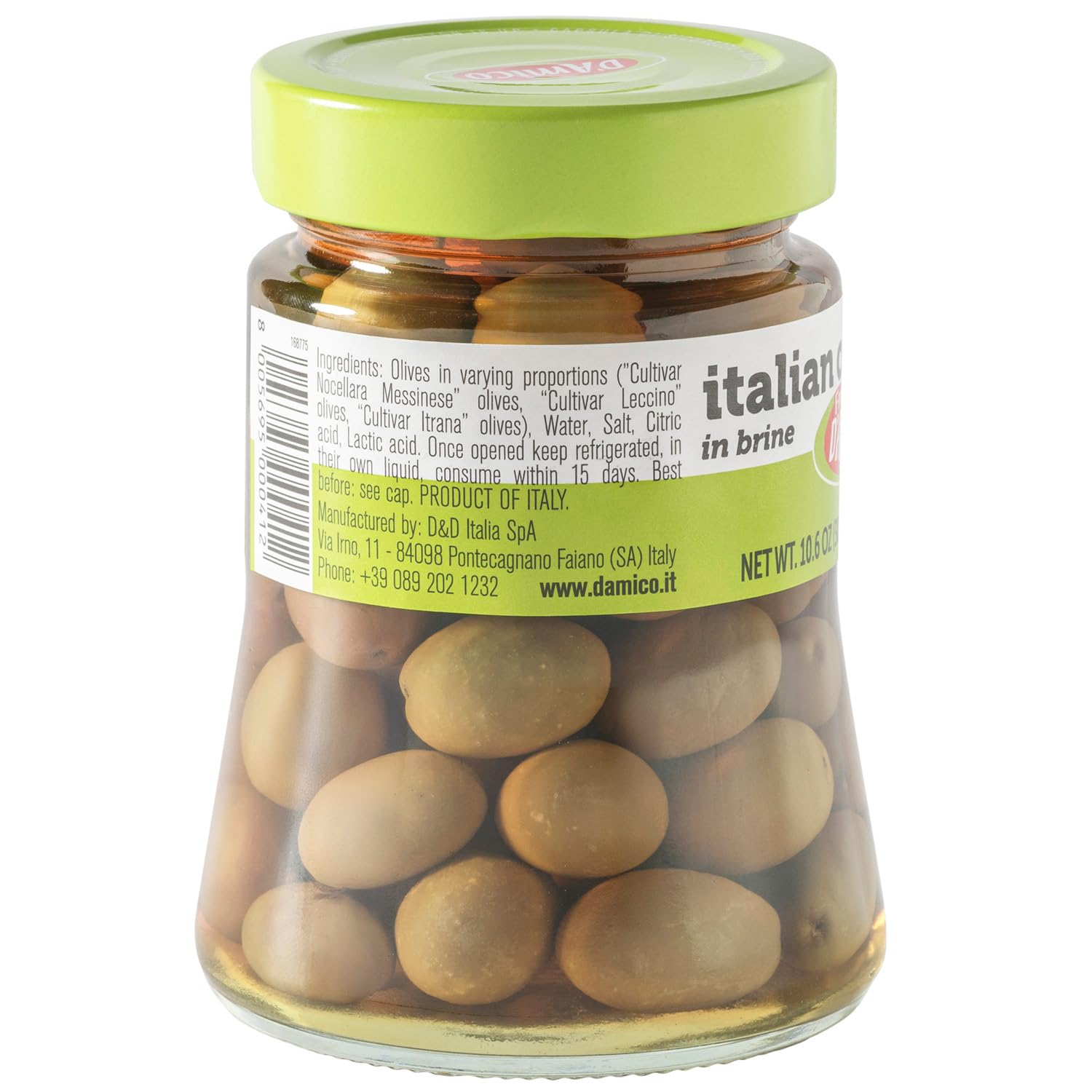 Back view of Fratelli D'Amico Italian Olives Trio jar in brine, showing ingredient list, product details, and manufacturer information on the green label, with olives visible through the glass