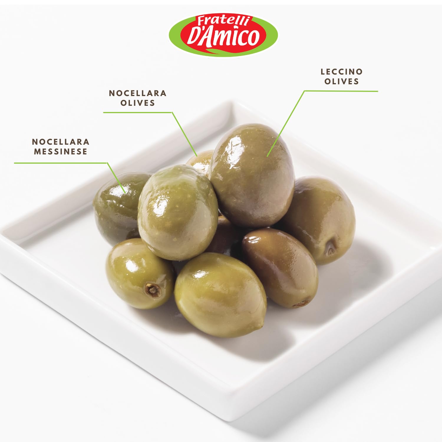 Close-up of Fratelli D’Amico Italian Olive Trio displayed on a white dish, highlighting three varieties: Nocellara Messinese, Nocellara Olives, and Leccino Olives, labeled for identification.