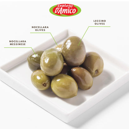 Close-up of Fratelli D’Amico Italian Olive Trio displayed on a white dish, highlighting three varieties: Nocellara Messinese, Nocellara Olives, and Leccino Olives, labeled for identification.