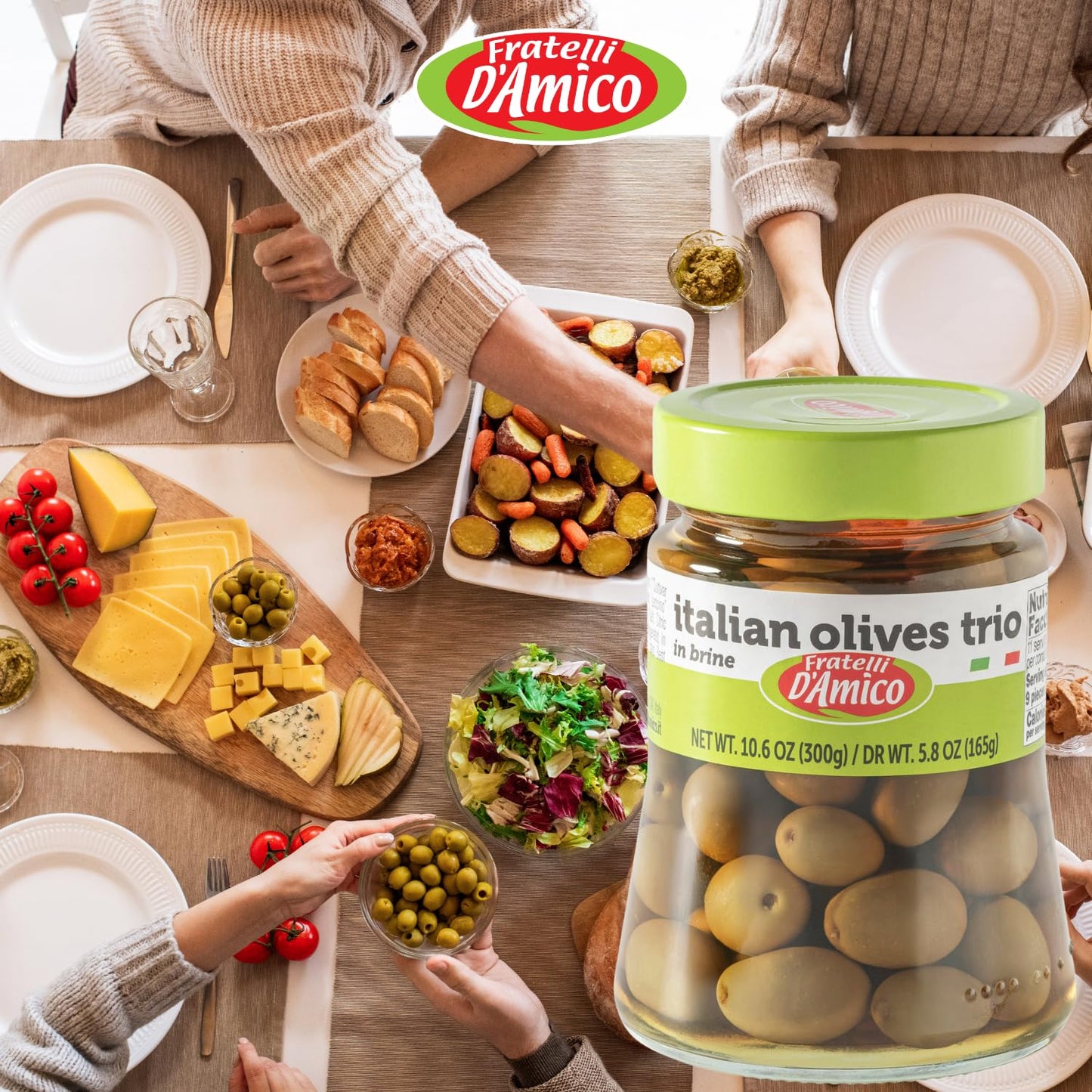 Jar of Fratelli D’Amico Italian Olives Trio in brine, containing a mix of Mediterranean olives with a green lid and clear glass packaging showing the olives inside, labeled as a 10.6 oz product of Italy.