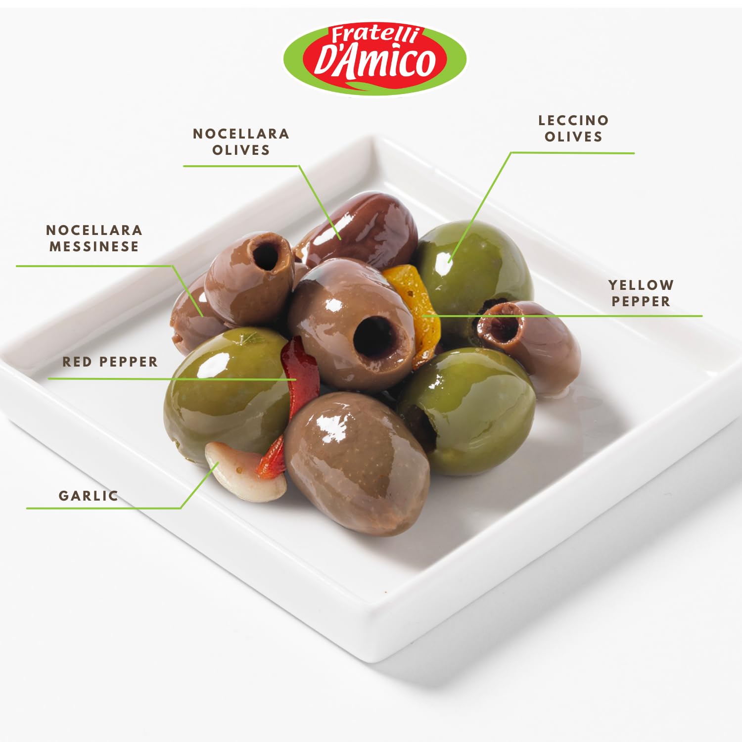 Close-up of Fratelli D’Amico Italian Pitted Olives Trio with Nocellara, Leccino, and Messinese olives mixed with garlic, red pepper, and yellow pepper, Mediterranean style.