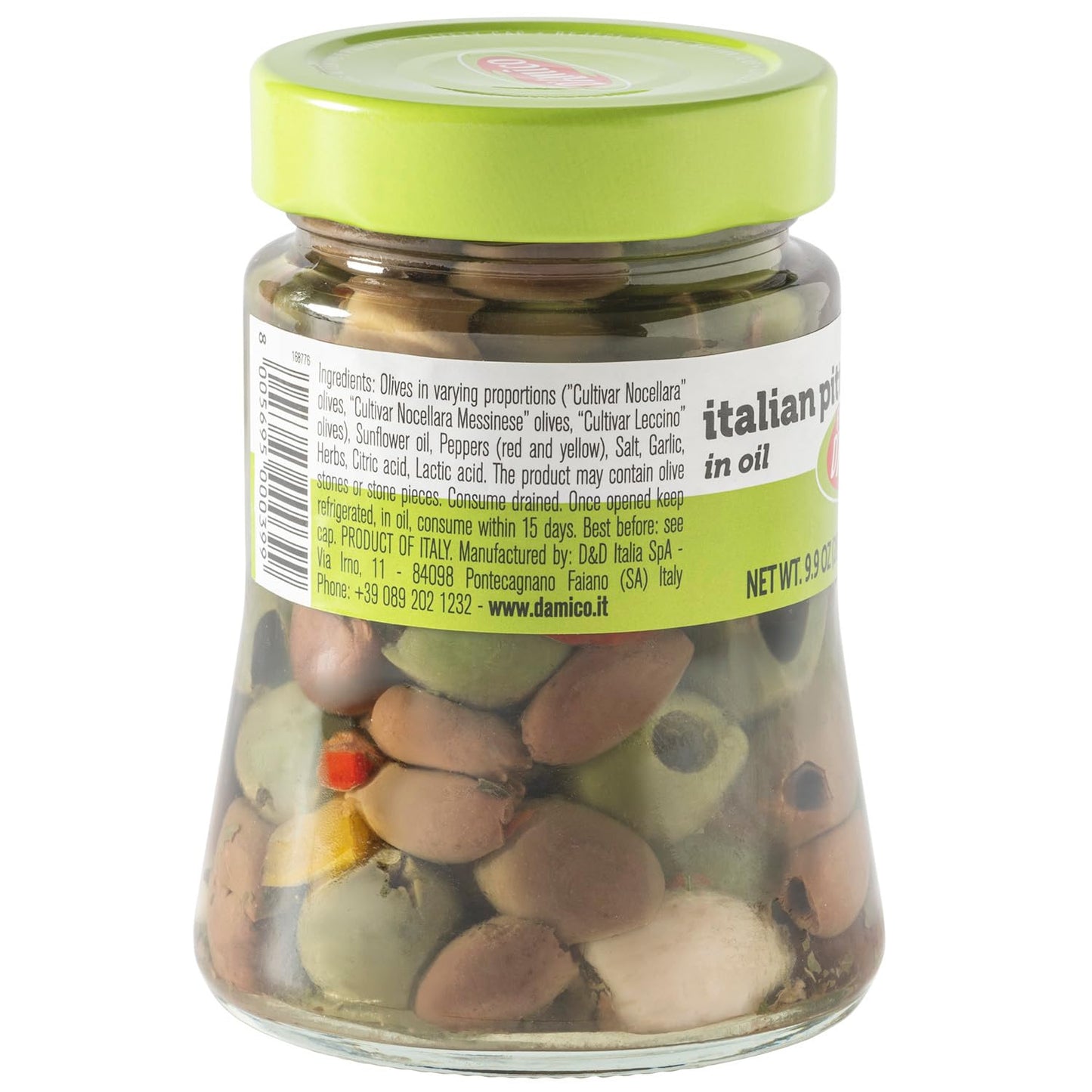 Back view of Fratelli D’Amico Italian Pitted Olives Trio in oil jar showing ingredient list with olives, garlic, and red and yellow peppers, Product of Italy